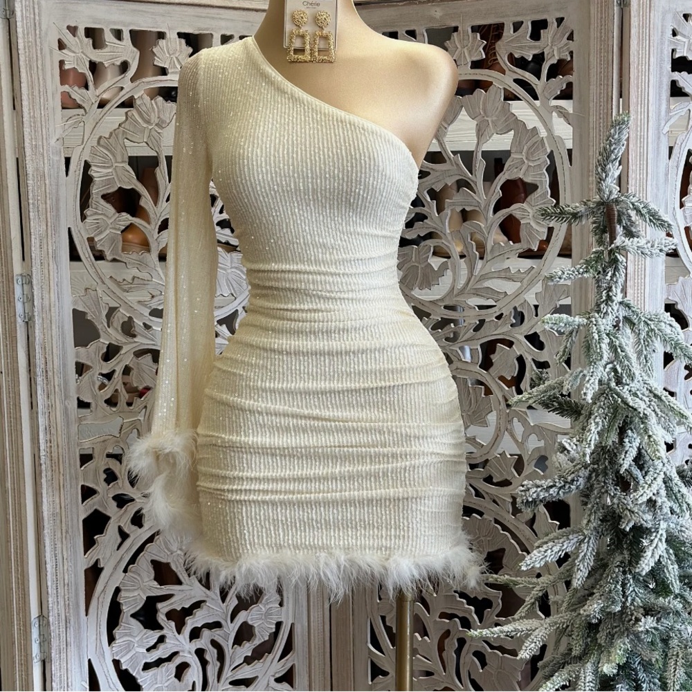 White Sequin Feathered Dress - S